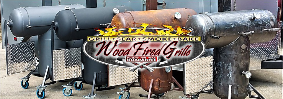 Four wood fired grills in colors grey, black, rust, and gun-metal with the words grill, sear, smoke, bake - Wood Fired Grille - Twenty-five year guarantee
