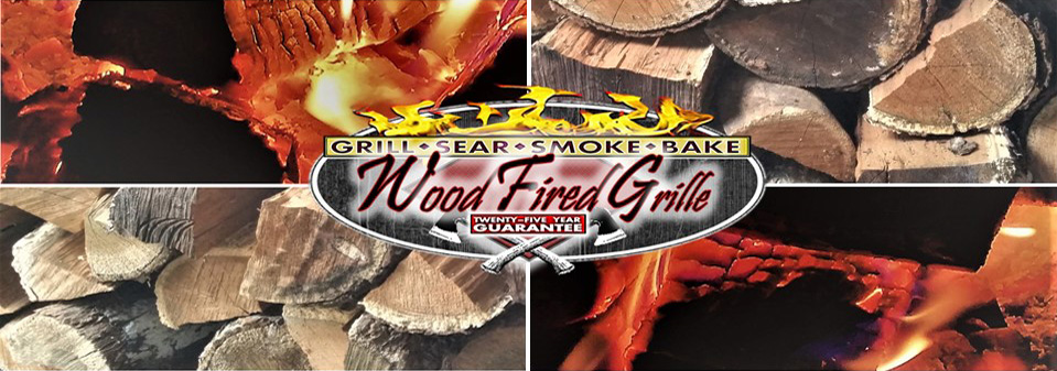 Four close-up photos of stacked wood, and  wood fires