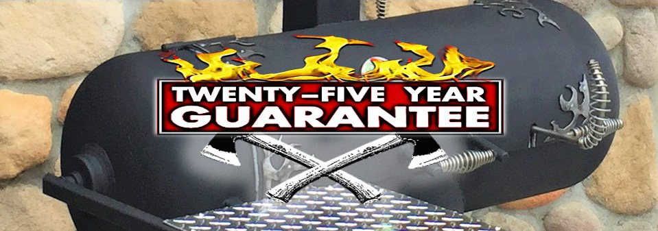 Twenty-five year guarantee superimposed over a black woodfiredgrille