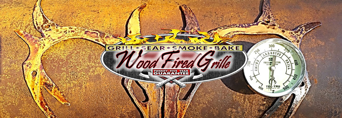 Rust-colored grill cover with deer skull & antlers artwork and temperature gage