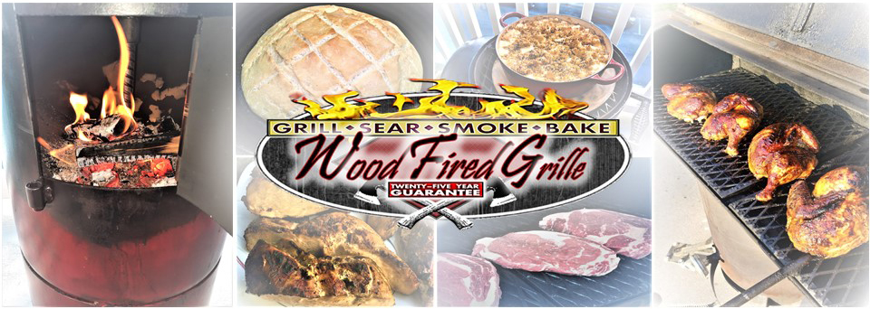 Six photos of food cooking on a grill and wood fire